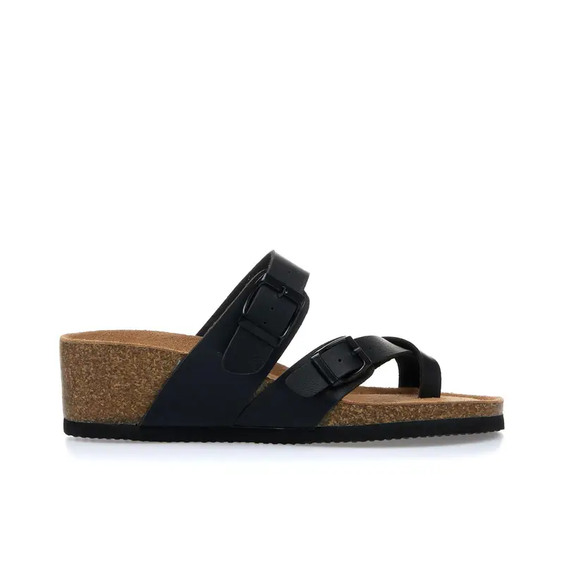 Sandali neri infradito con zeppa effetto sughero e fibbie