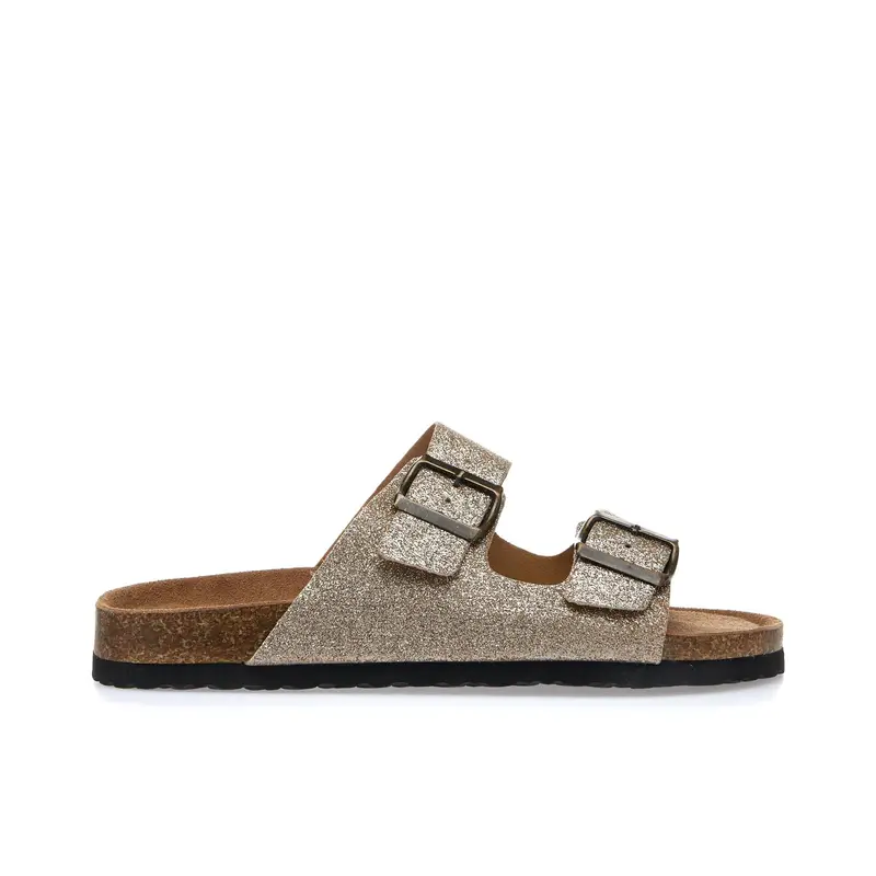 Sandali oro glitter con doppia fibbia e fondo effetto sughero