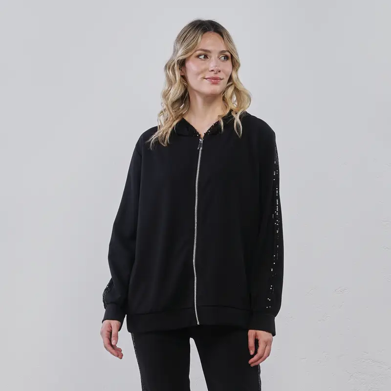 Felpa nera da donna con zip, cappuccio e bande laterali con paillettes