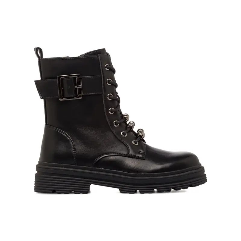 Anfibi neri da bambina con fibbia e charms sui lacci