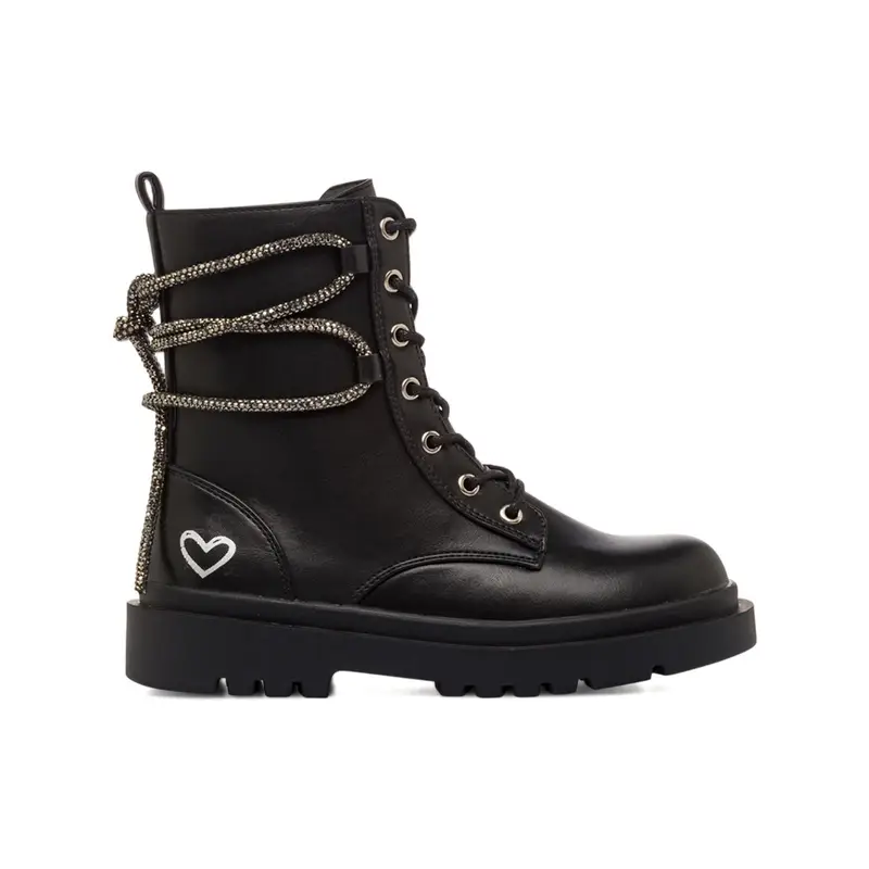 Anfibi neri da bambina con lacci in strass e cuore