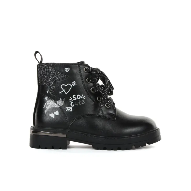 Anfibi neri da bimba con dettagli glitterati e disegni