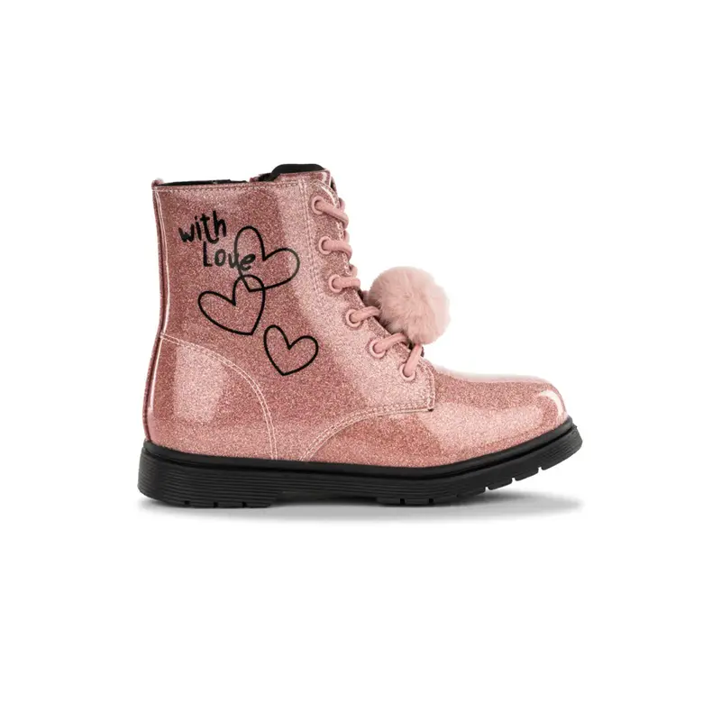 Anfibi rosa glitterati da bambina con pon-pon e disegni