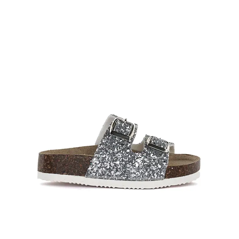 Sandali argento glitter da bimba con fondo effetto sughero