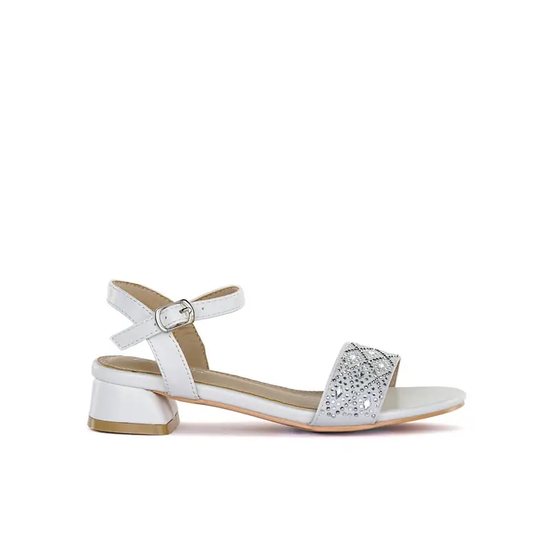 Sandali bianchi da bambina con tacco basso e strass