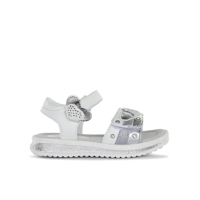 Sandali bianchi da bambina con velcro e dettaglio cuori con strass