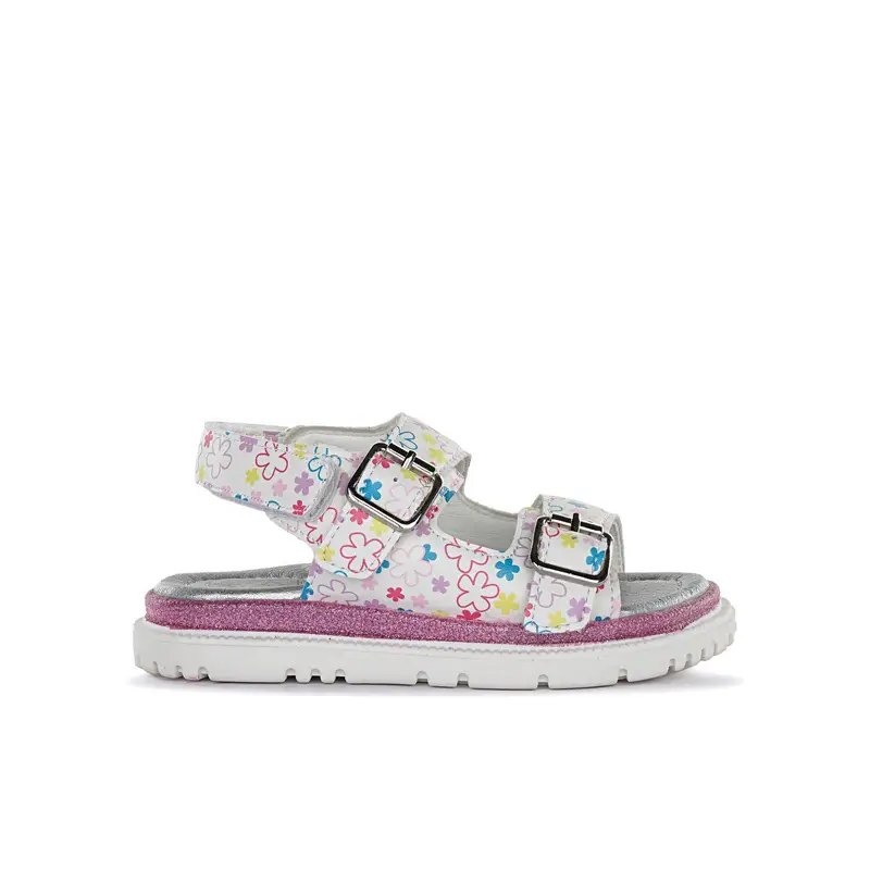 Sandali bianchi da bambina stampa fiori colorati con doppia fibbia e cinturino con velcro