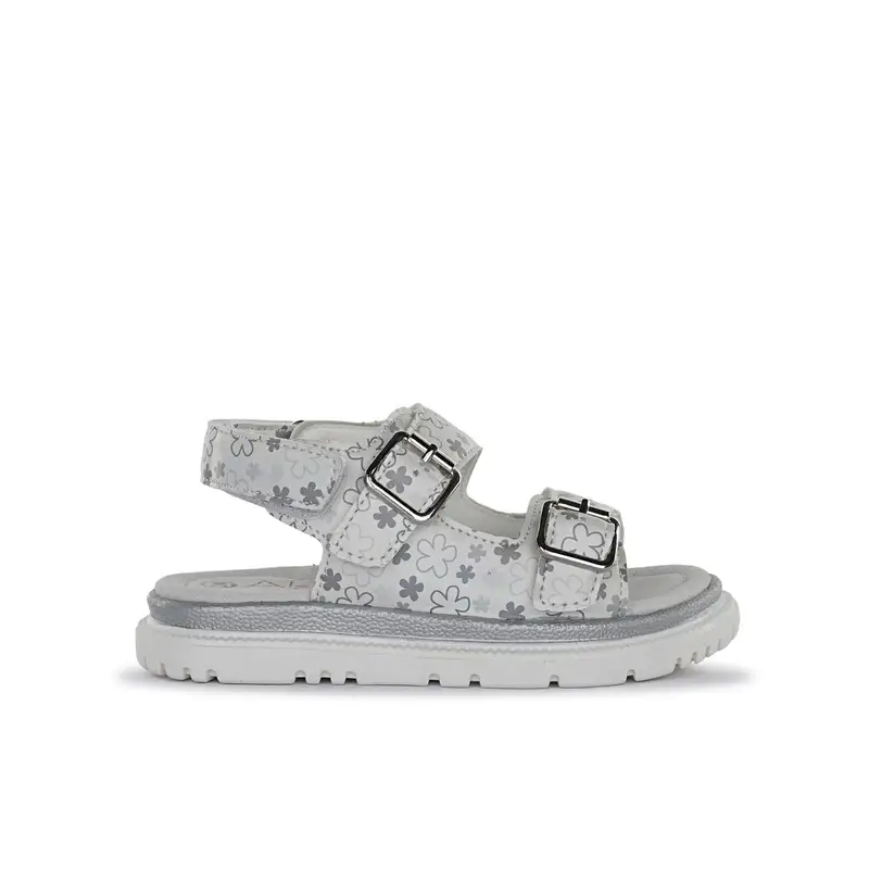 Sandali bianchi da bambina stampa fiori con doppia fibbia e cinturino con velcro