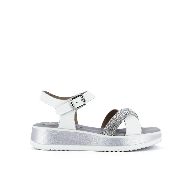 Sandali bianchi e argento con strass e zeppa