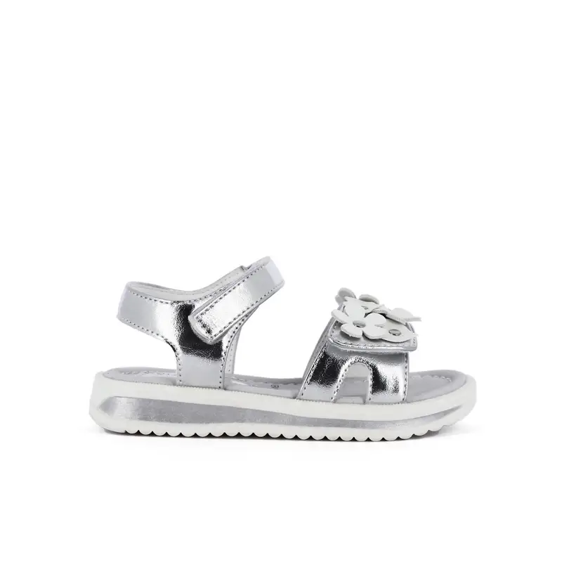 Sandali da bimba argento laminati con veclro e fiorellini