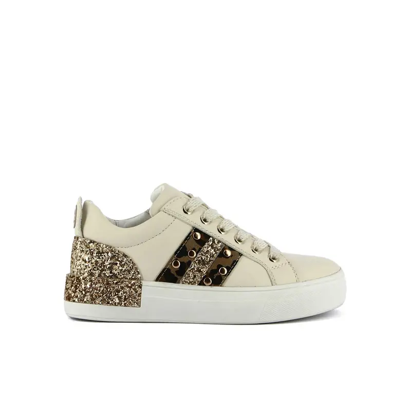 Sneakers beige con glitter e lacci