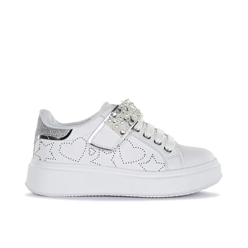 Sneakers bianche da bambina con glitter e disegni