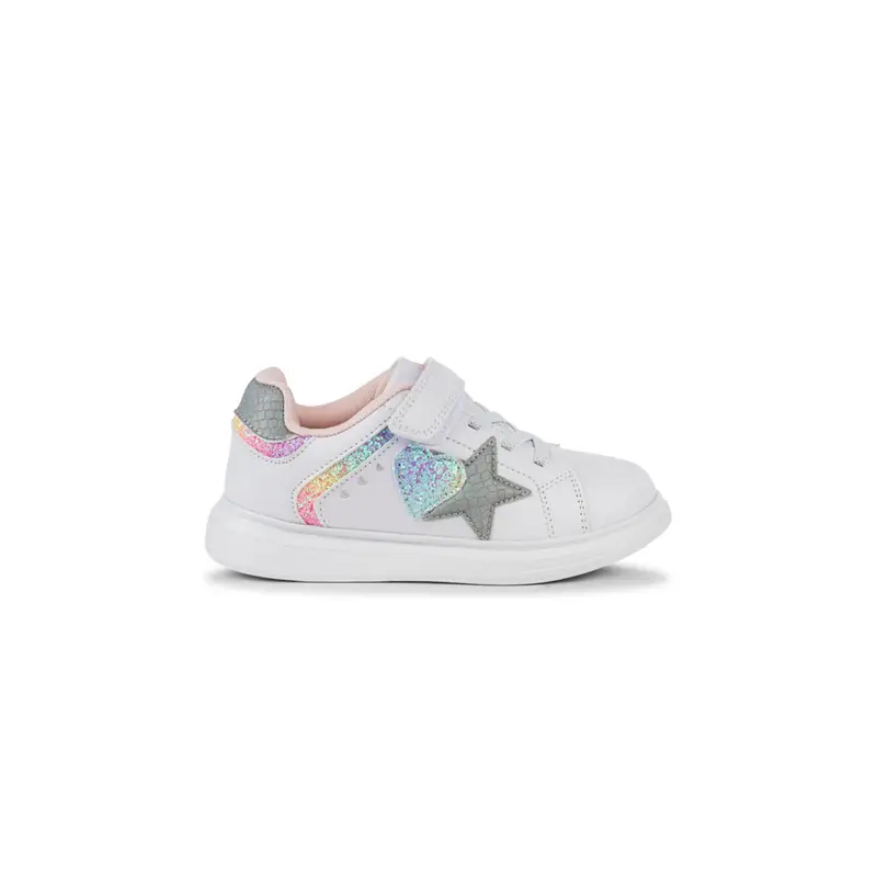 Sneakers bianche da bambina con stella e dettagli glitter colorati