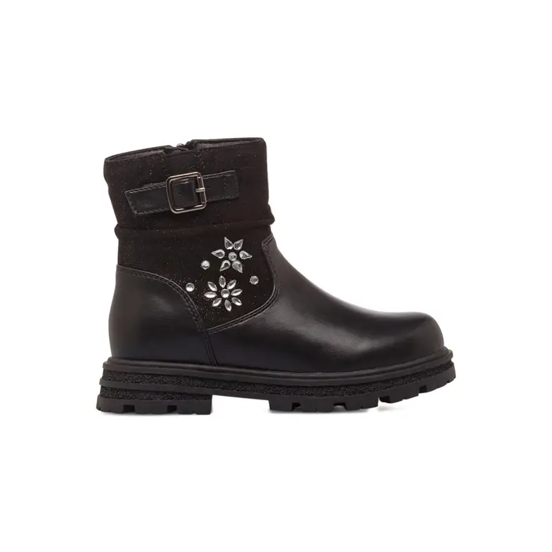 Stivaletti neri da bambina con dettaglio fiori con strass