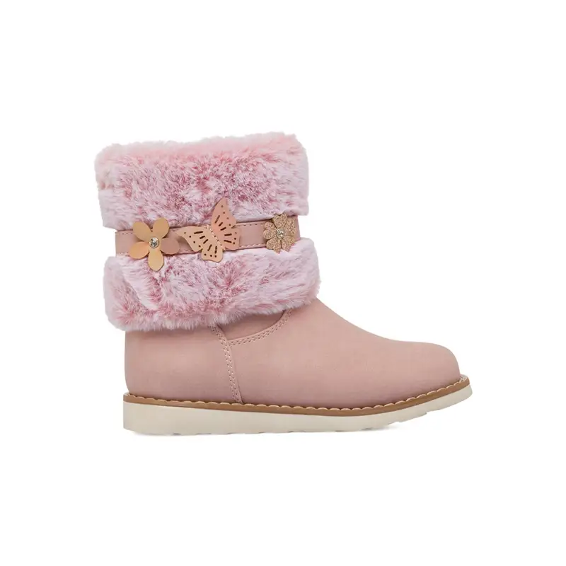 Stivaletti rosa da bambina con bordo in peluche e dettaglio fiori e farfalle