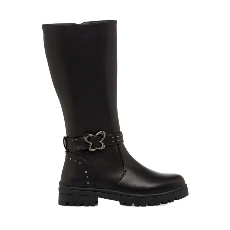 Stivali neri da bambina con cinturino con farfalla e borchie
