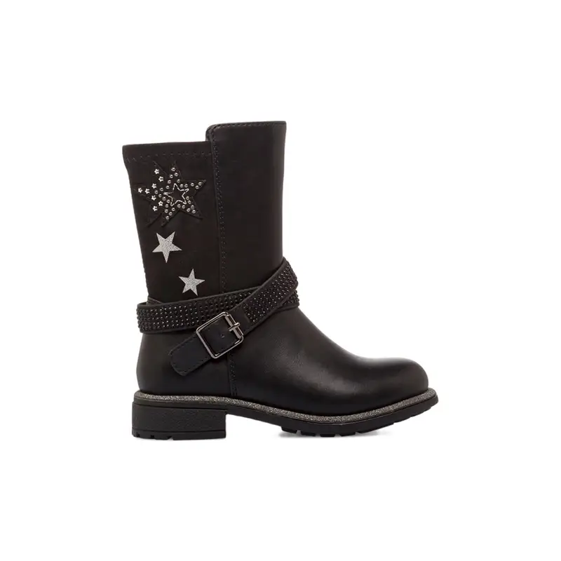 Stivali neri da bambina con dettaglio stelle e cinturino con strass