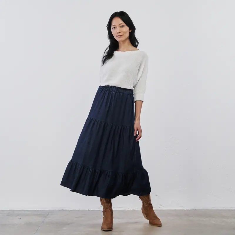 Gonna blu midi da donna con balze a fascia elasticizzata in vita