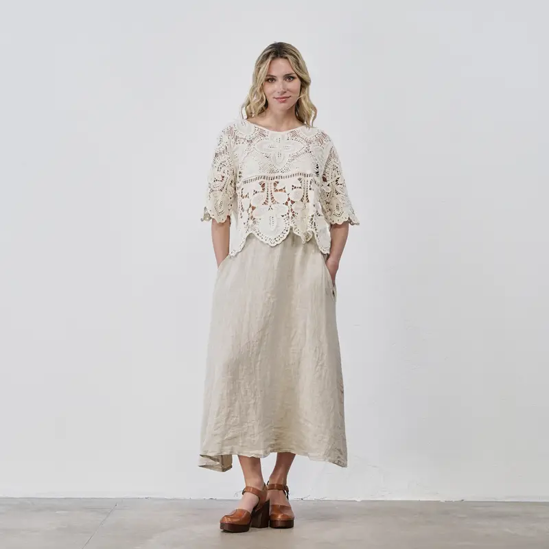 Gonna lunga beige da donna 100% lino con tasche