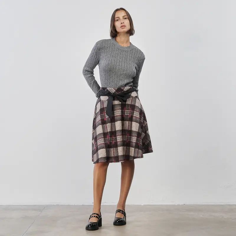 Gonna midi beige da donna in fantasia check con cintura in simil pelle