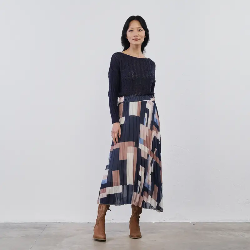 Gonna midi blu plissettata da donna in fantasia geometrica