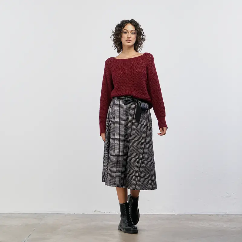 Gonna midi grigia fantasia check con fusciacca in vita