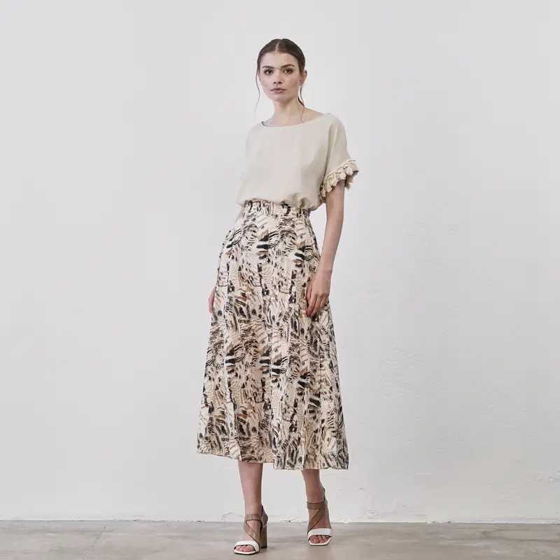 Gonna midi marrone in cotone stampa animalier