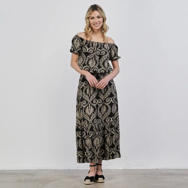 Gonna midi nera e biege da donna in stampa etnica