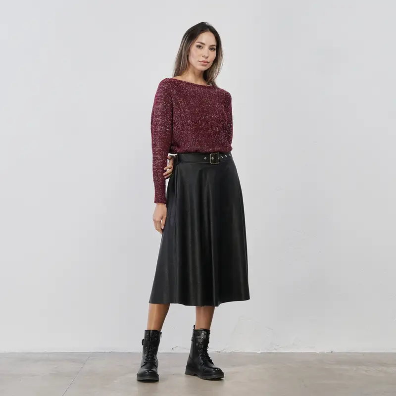 Gonna midi nera in eco-pelle da donna con cintura