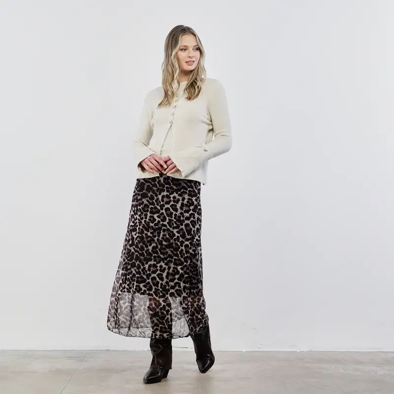 Gonna midi nera in fantasia animalier con fascia elasticizzata in vita