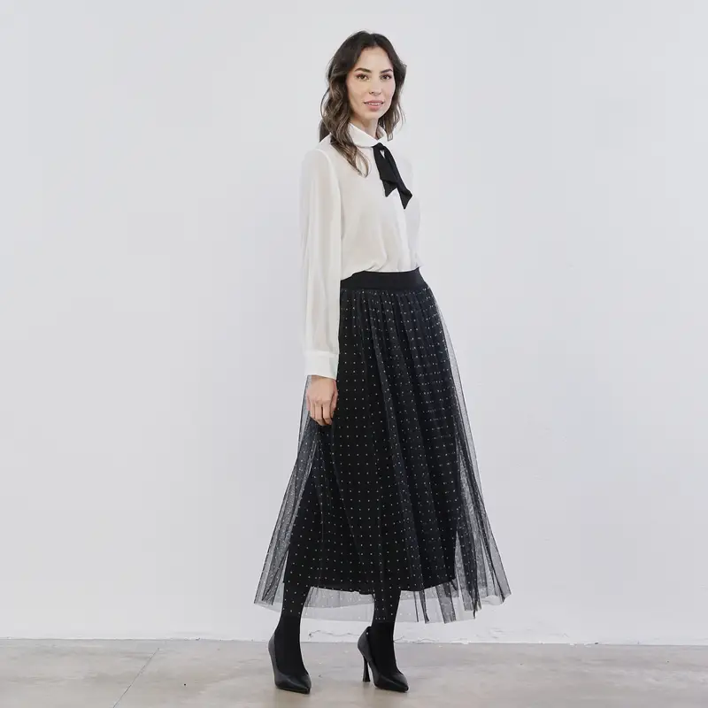 Gonna nera midi da donna a pois in tulle