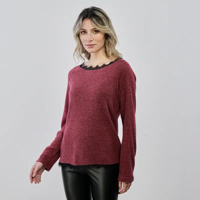 Maglia bordeaux con inserti in pizzo