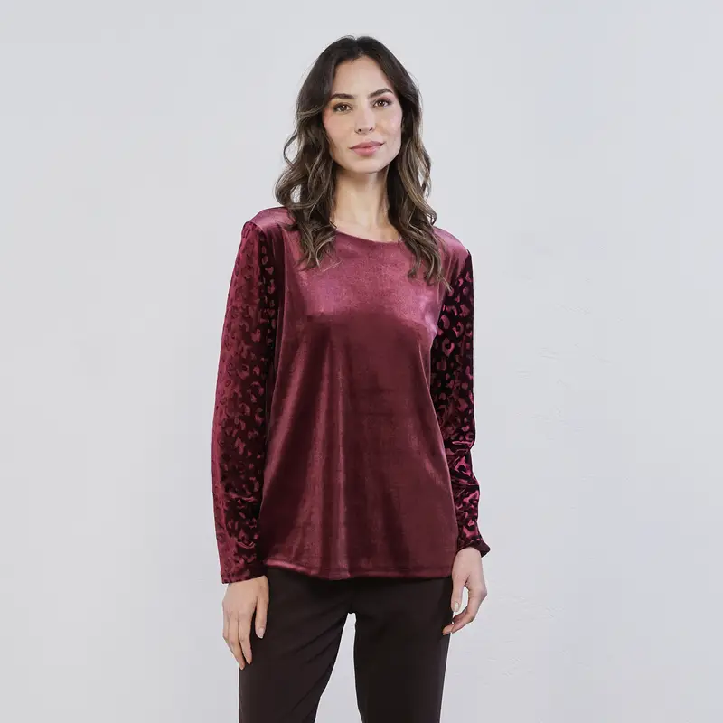 Maglia bordeaux da donna in velluto con dettaglio animalier sulle maniche