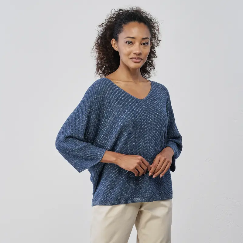 Maglia leggera blu da donna in tessuto con lurex