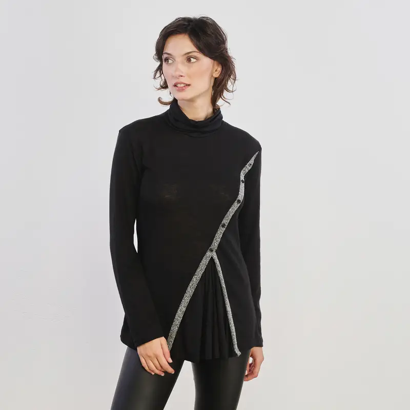 Maglia lupetto nera con spacco e dettaglio in lurex