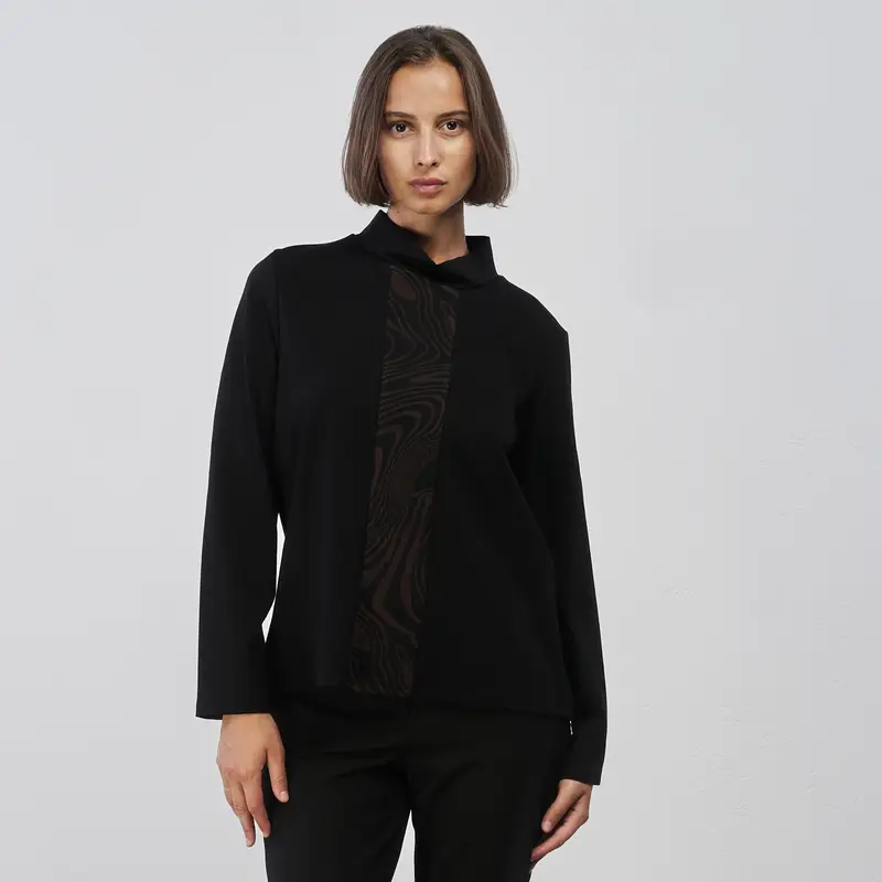 Maglia nera da donna con inserto fantasia animalier