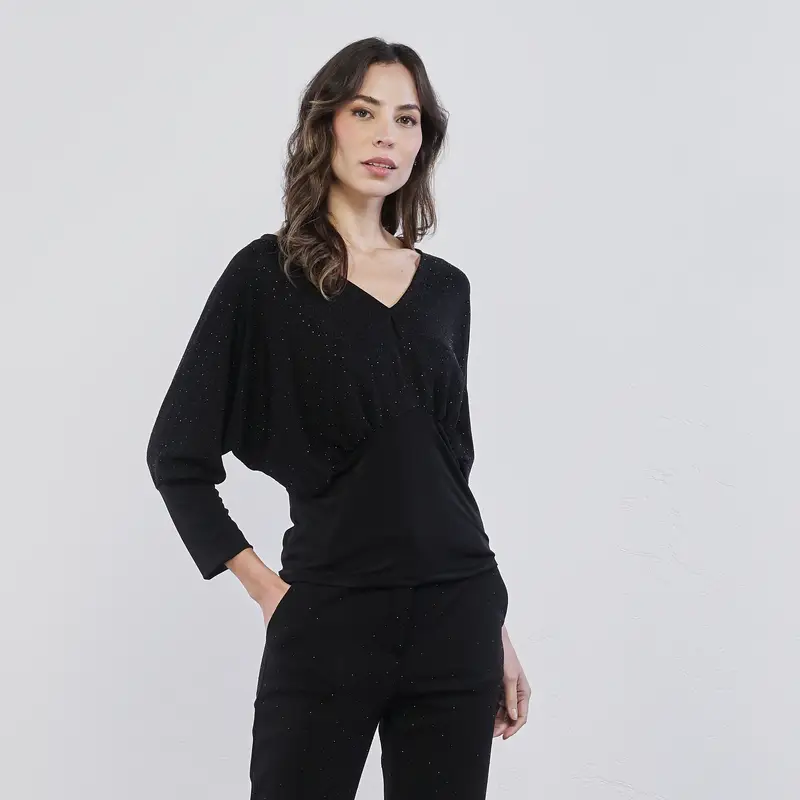 Maglia nera da donna con scollo a V in tessuto glitterato