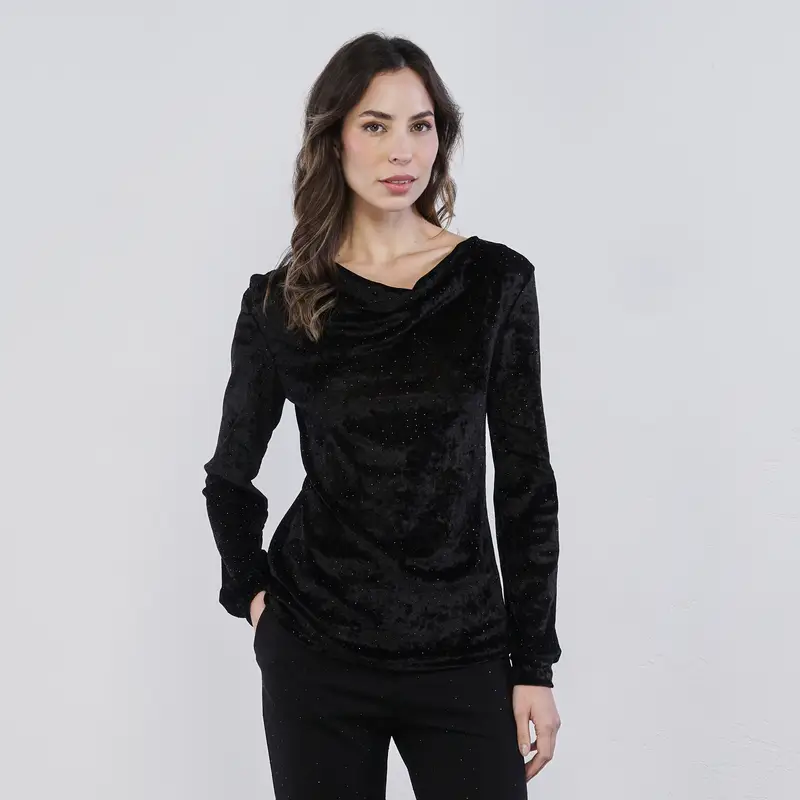 Maglia nera da donna in velluto con glitter