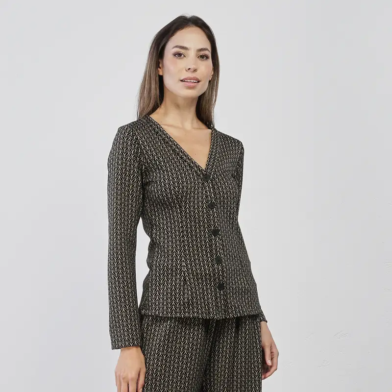 Maglia nera e bianca da donna in fantasia geometrica con bottoni