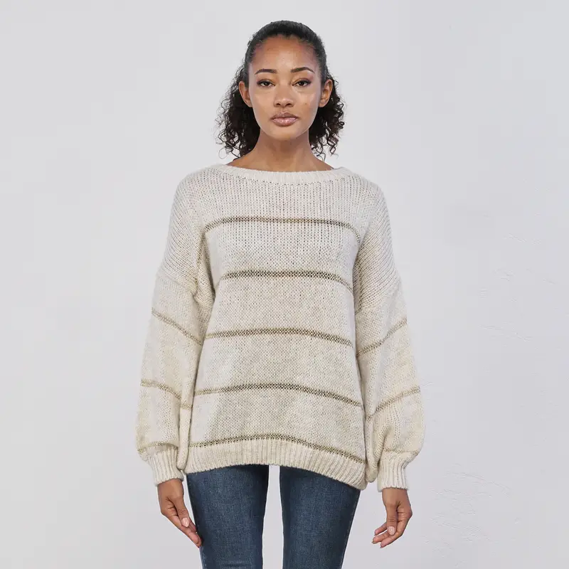 Maglioncino beige da donna con righe a contrasto in lurex