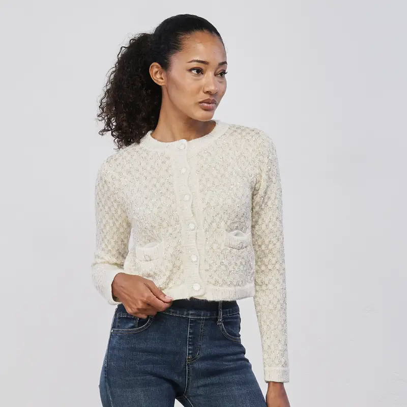 Maglioncino bianco da donna con bottoni e inserti in lurex