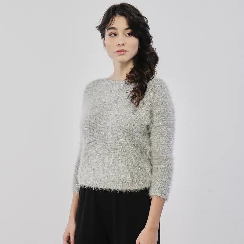 Maglioncino grigio in tessuto peluche con glitter