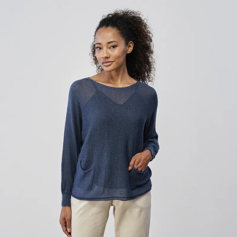 Maglioncino leggero blu effetto traparenza da donna con tasche