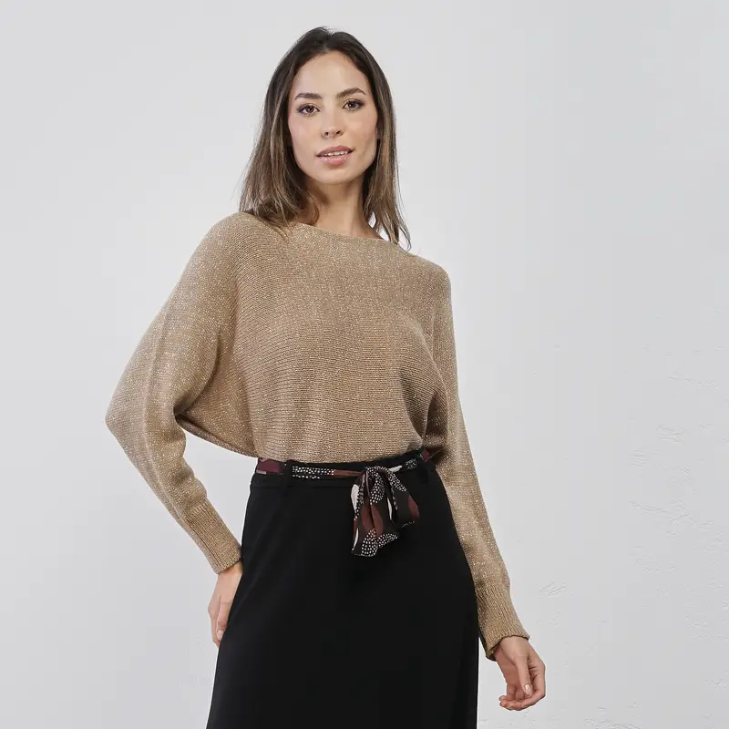 Maglioncino morbido beige da donna in tessuto lurex