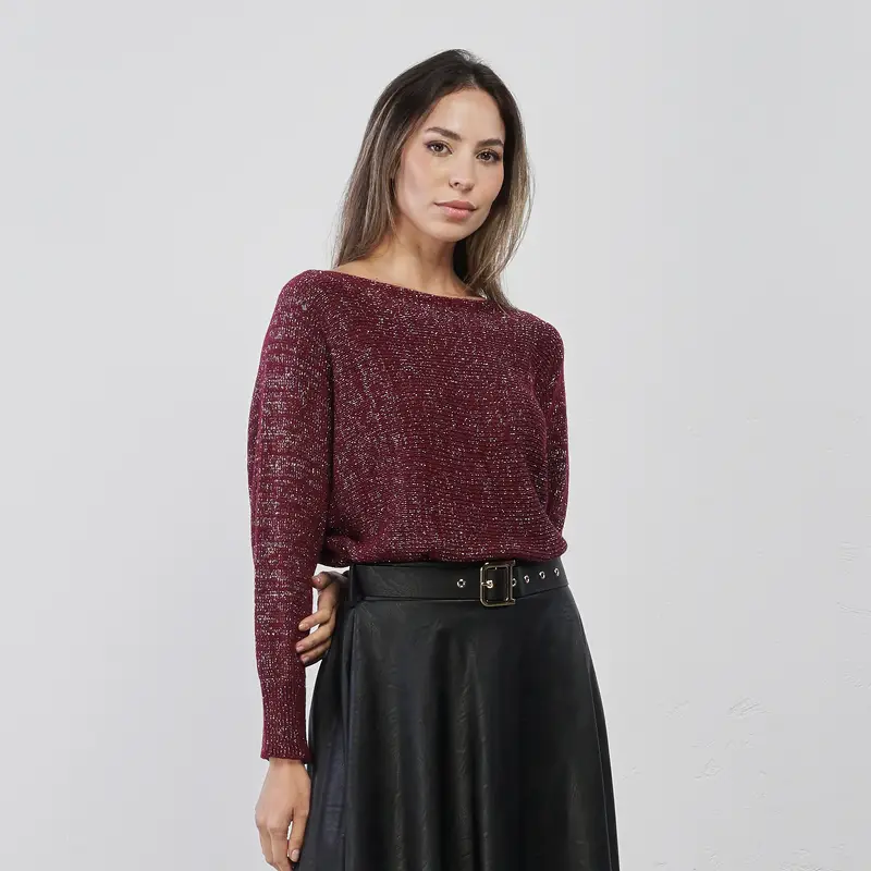 Maglioncino morbido bordeaux da donna in tessuto lurex