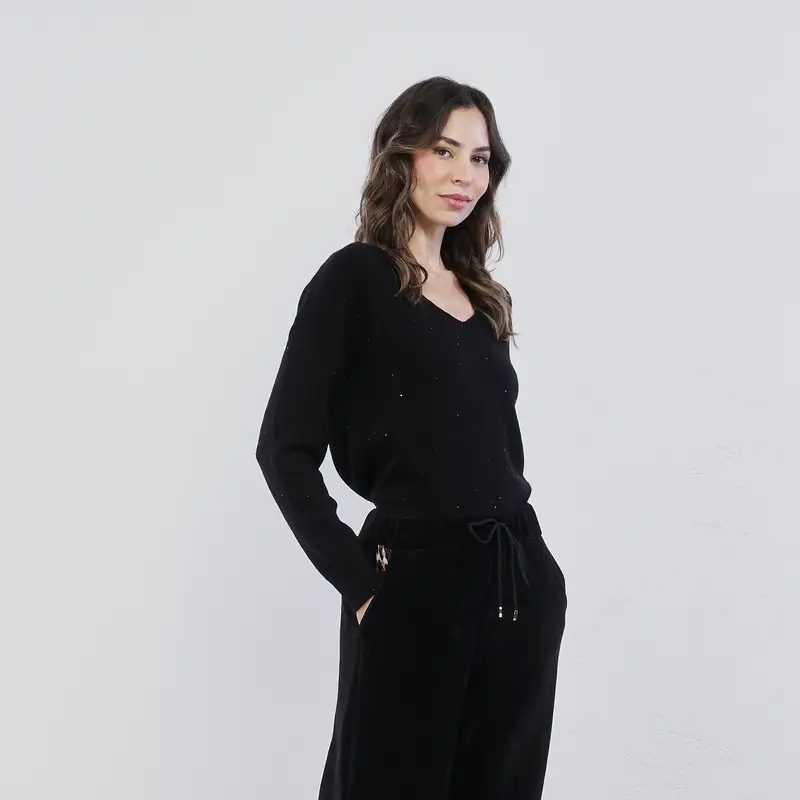 Maglioncino nero da donna con scollo a V e paillettes