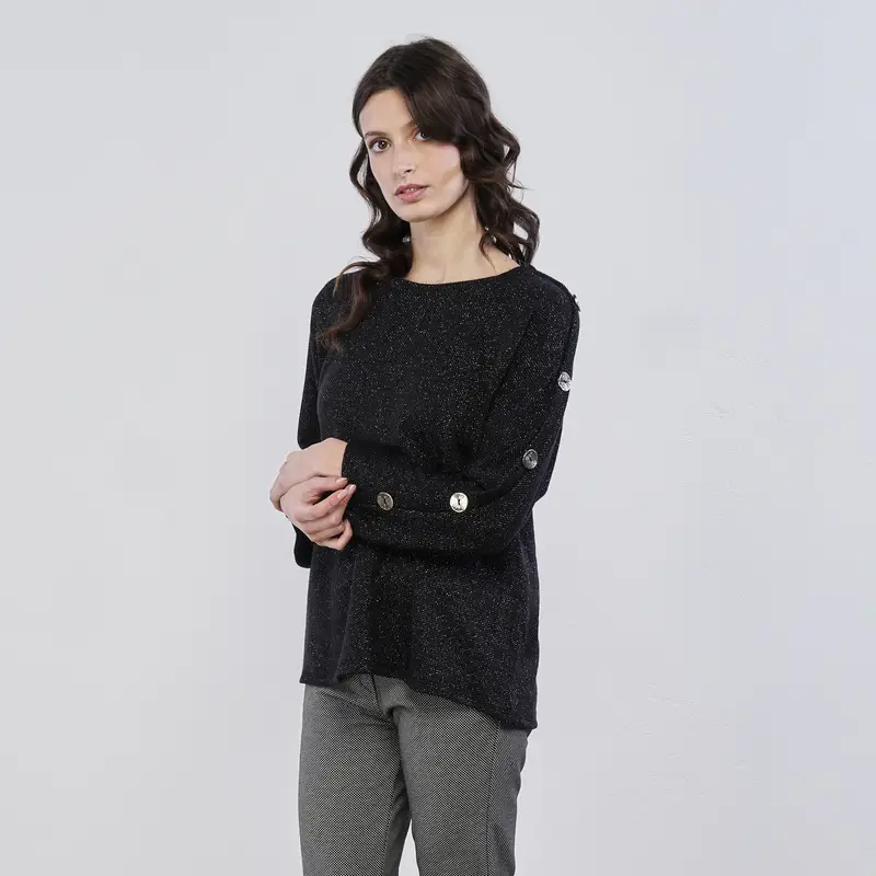 Maglioncino nero da donna in tessuto glitterato e bottoni