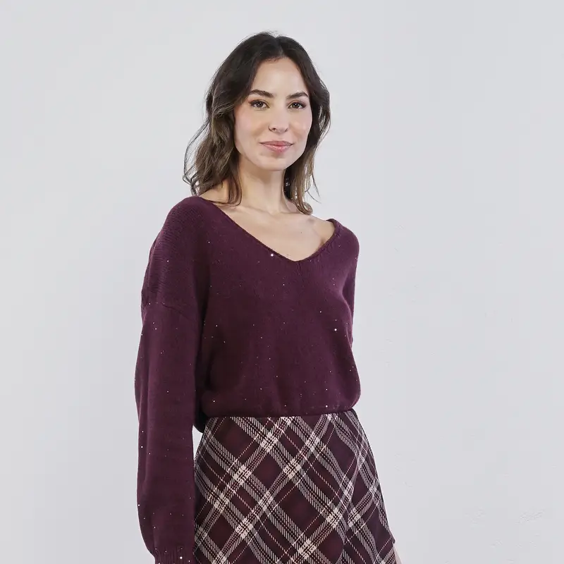 Maglioncino viola da donna con scollo a V e paillettes