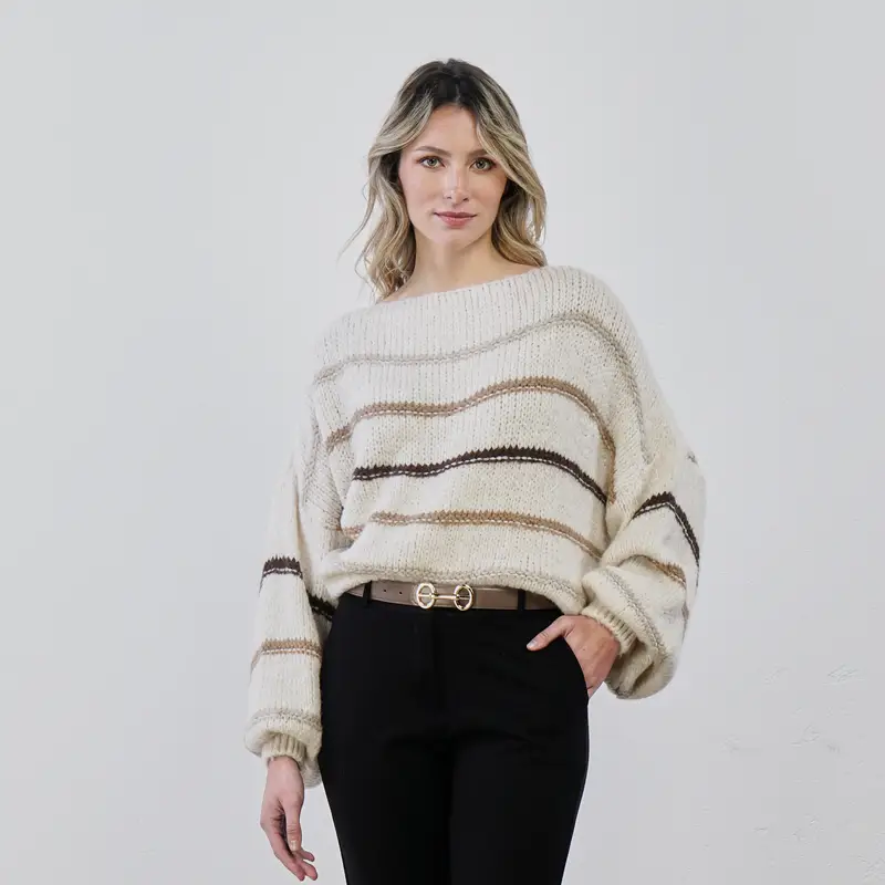 Maglione beige con righe glitterate e maniche ampie