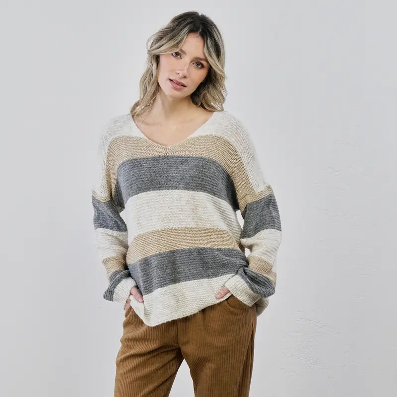 Maglione beige e grigio con maxi righe